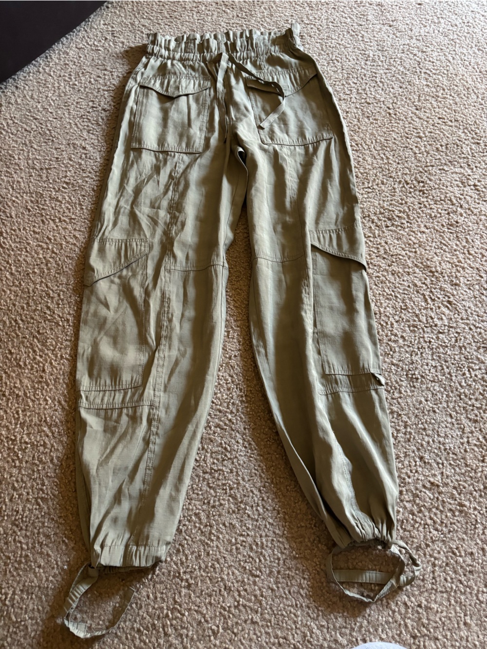 Ganni Light Slub Cargo Drawstring High-Rise Paper-Bag Waist Green Pants Size 34